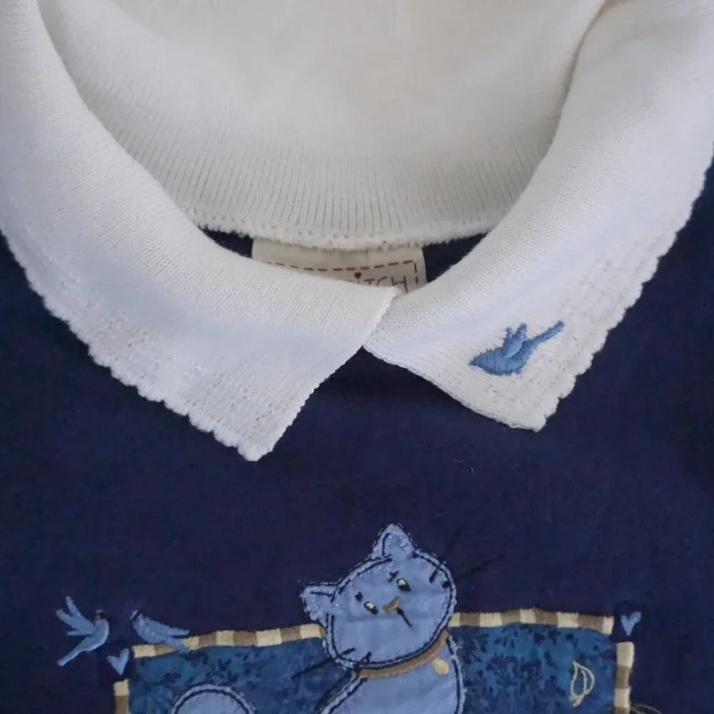 Vintage Top Stitch Navy Blue White Embroidered Cat Peter Pan Collar Sweater S - Picture 9 of 9